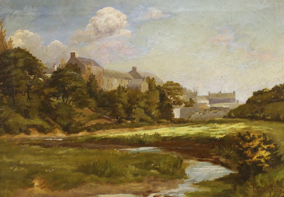 John W. Green, oil on canvas, River landscape with town beyond, signed and dated '97, 29 x 39cm